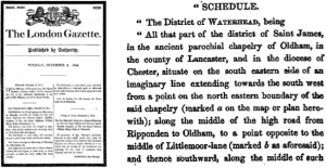 The London Gazette announces the creation of the Waterhead ‘district’, in 1844. Issue 20420, page 5032. Right: after a legal preamble, the actual description of the new district commences.
